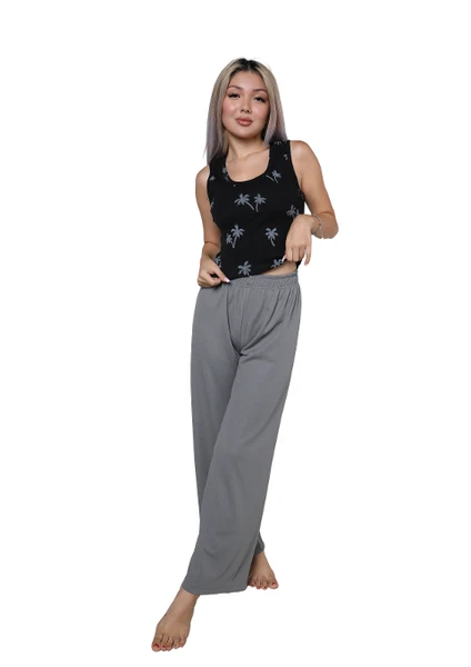 Palmiye Desenli Kalın Askılı Body Bol Paça Kadın Pantolon 2li Takım Akbeniz 4217